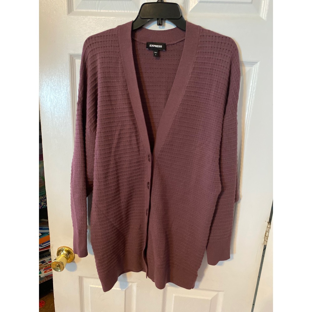 Express Womens Plum Mauve Textured Pointelle Knit Oversized Button Cardigan S